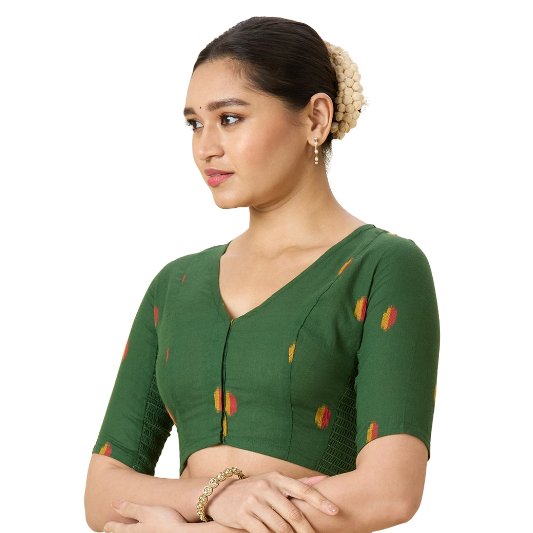 Women's Green Handloom Cotton Ikat Stretchable (Smocked) Readymade Saree Blouse (Design 2971)