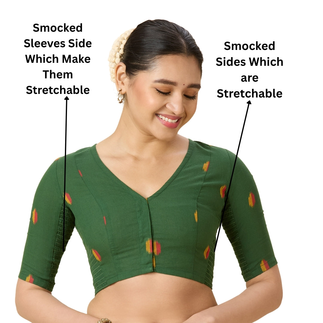 Women's Green Handloom Cotton Ikat Stretchable (Smocked) Readymade Saree Blouse (Design 2971)