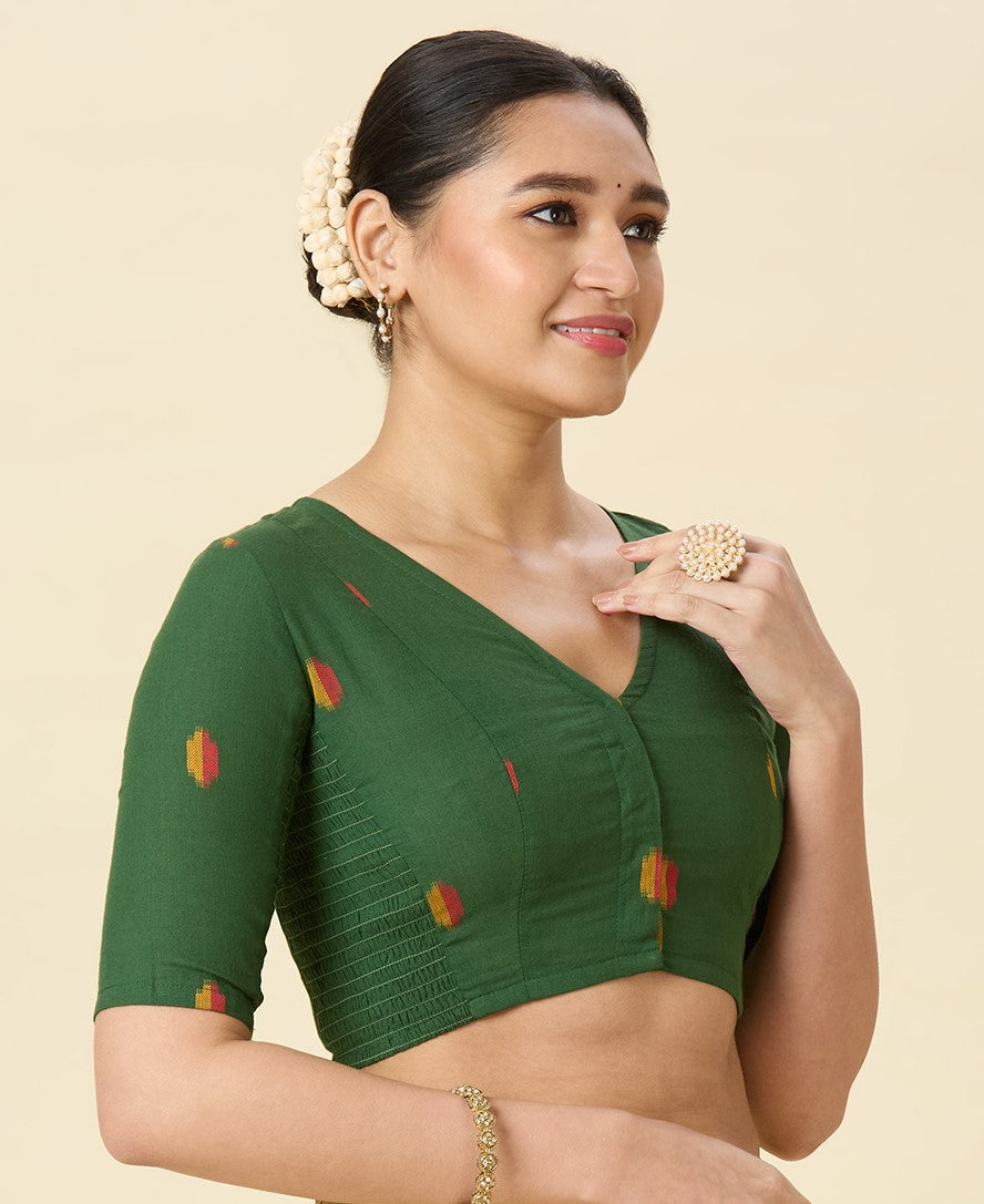Women's Green Handloom Cotton Ikat Stretchable (Smocked) Readymade Saree Blouse (Design 2971)