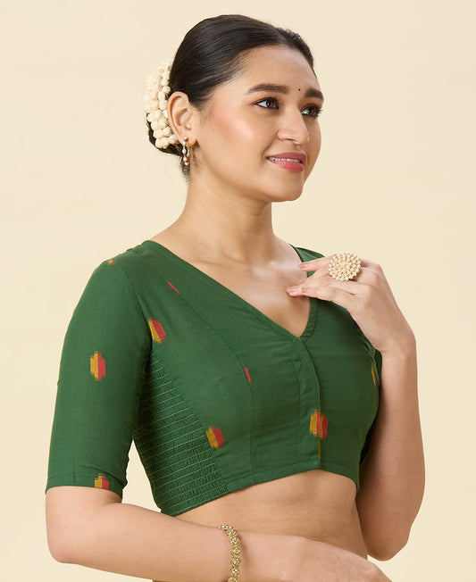 Women's Green Handloom Cotton Ikat Stretchable (Smocked) Readymade Saree Blouse (Design 2971)