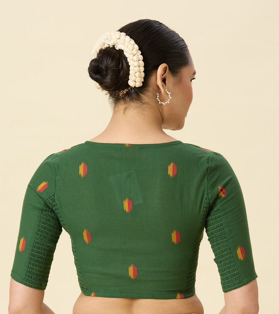 Women's Green Handloom Cotton Ikat Stretchable (Smocked) Readymade Saree Blouse (Design 2971)