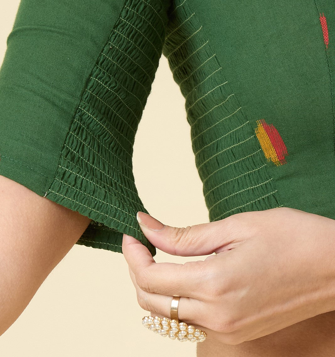 Women's Green Handloom Cotton Ikat Stretchable (Smocked) Readymade Saree Blouse (Design 2971)