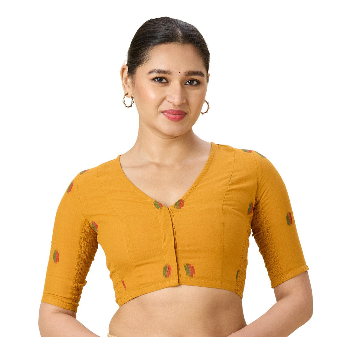 Women's Mustard Handloom Cotton Ikat Stretchable (Smocked) Readymade Saree Blouse (Design 2971)