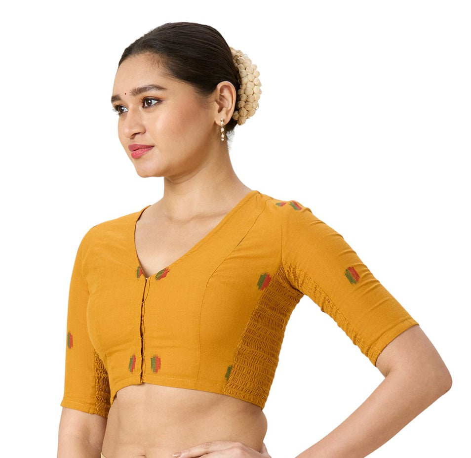 Women's Mustard Handloom Cotton Ikat Stretchable (Smocked) Readymade Saree Blouse (Design 2971)