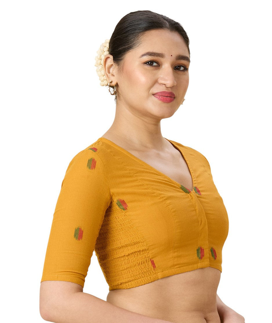 Women's Mustard Handloom Cotton Ikat Stretchable (Smocked) Readymade Saree Blouse (Design 2971)