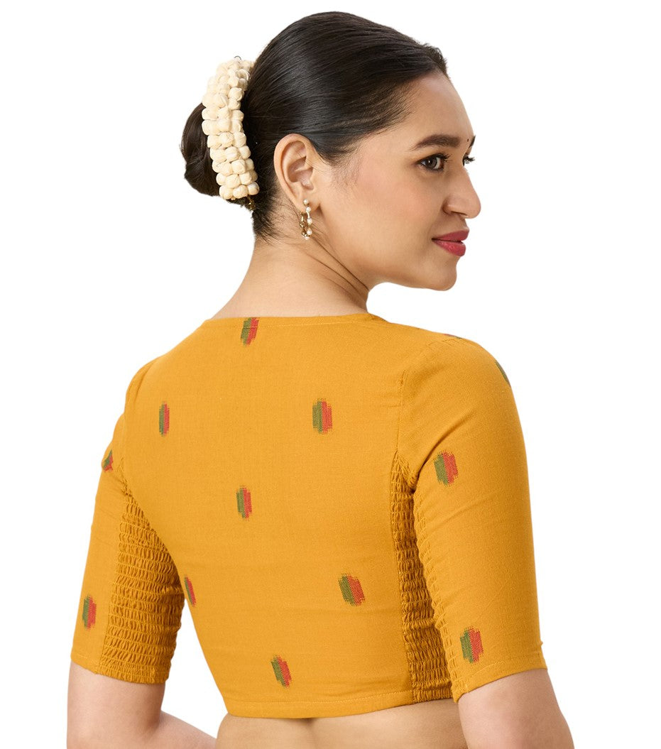 Women's Mustard Handloom Cotton Ikat Stretchable (Smocked) Readymade Saree Blouse (Design 2971)