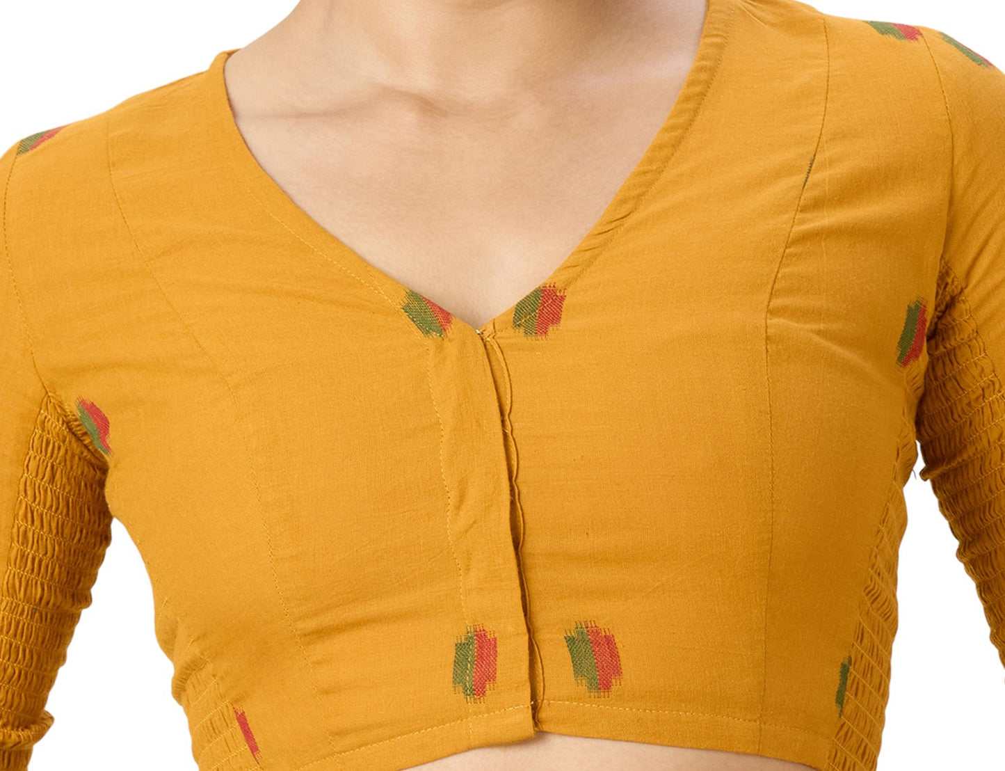 Women's Mustard Handloom Cotton Ikat Stretchable (Smocked) Readymade Saree Blouse (Design 2971)