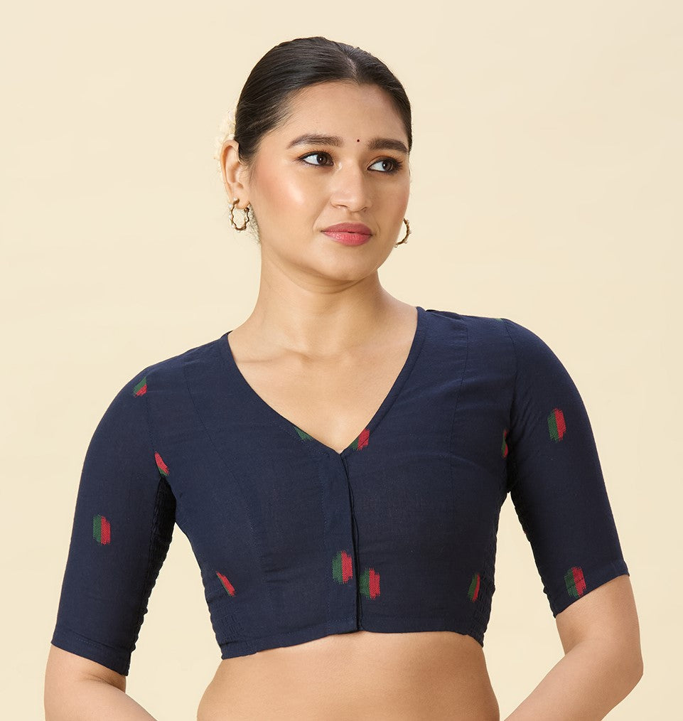 Women's Navy Blue Handloom Cotton Ikat Stretchable (Smocked) Readymade Saree Blouse (Design 2971)