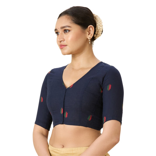 Women's Navy Blue Handloom Cotton Ikat Stretchable (Smocked) Readymade Saree Blouse (Design 2971)