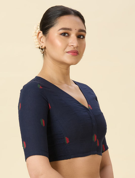 Women's Navy Blue Handloom Cotton Ikat Stretchable (Smocked) Readymade Saree Blouse (Design 2971)