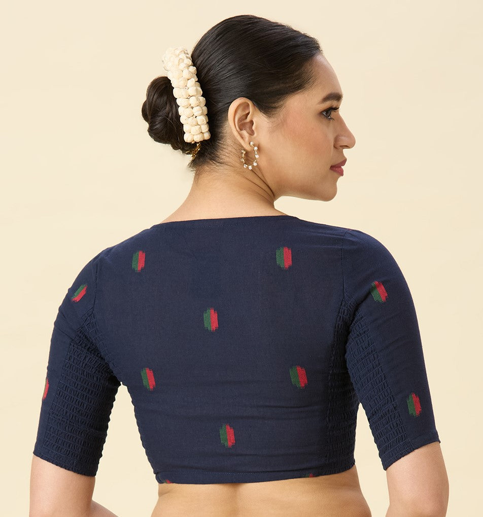 Women's Navy Blue Handloom Cotton Ikat Stretchable (Smocked) Readymade Saree Blouse (Design 2971)