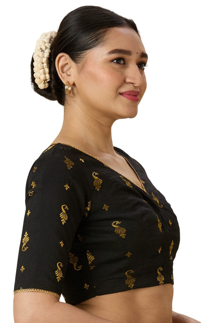 Women's Black Handloom Cotton Silk Readymade Saree Blouse (Design 2974)