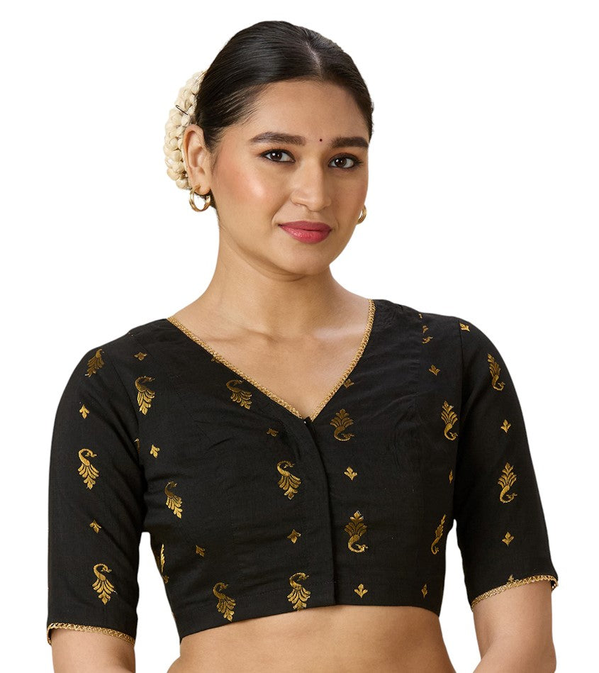 Women's Black Handloom Cotton Silk Readymade Saree Blouse (Design 2974)