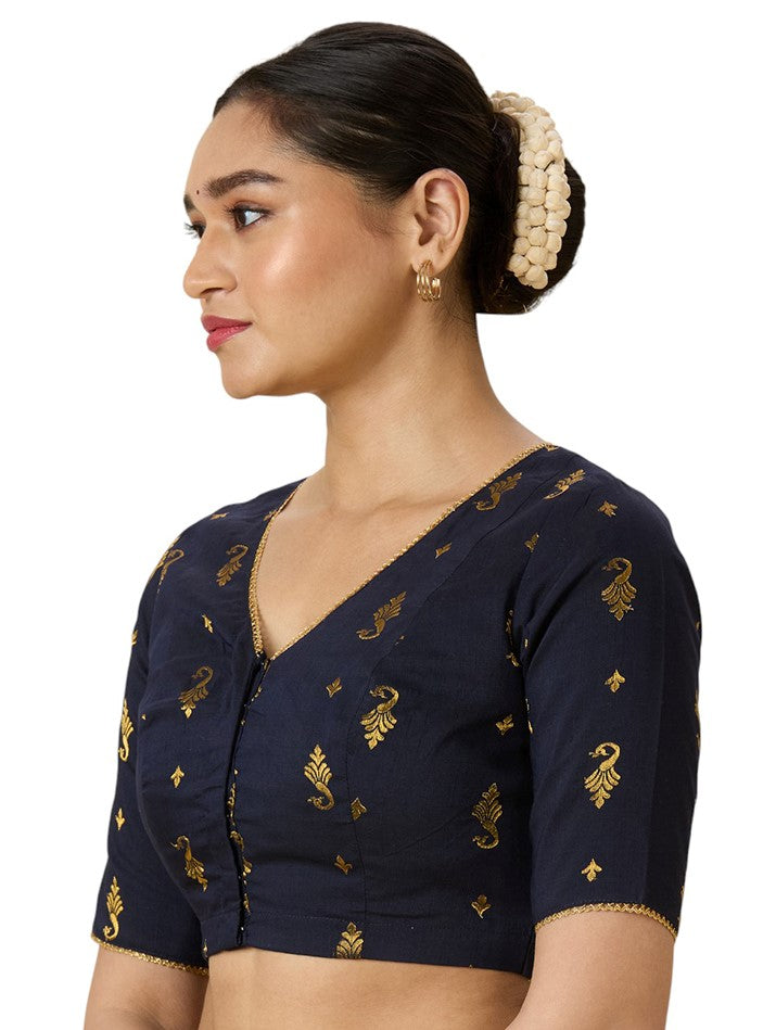 Women's Navy Blue Handloom Cotton Silk Readymade Saree Blouse (Design 2974)