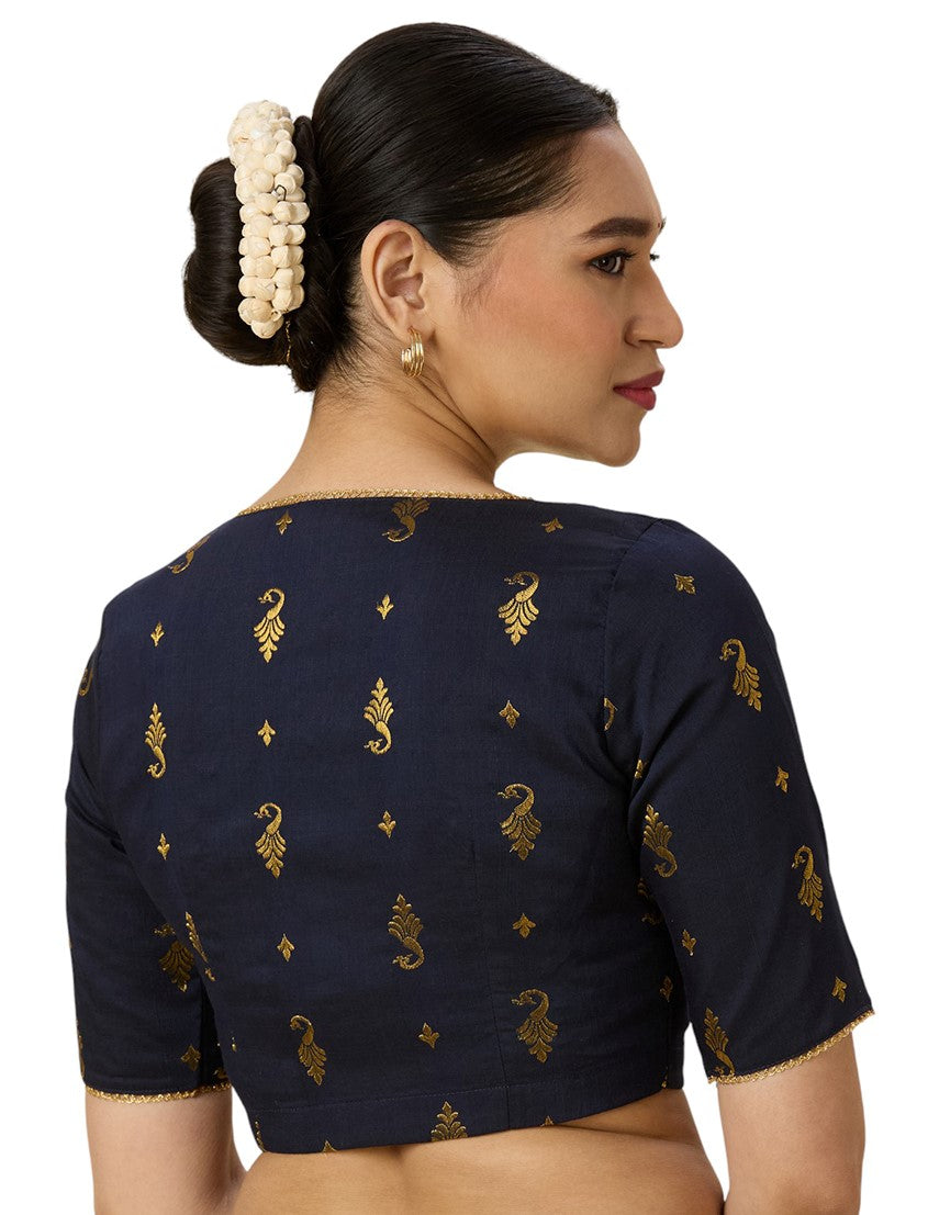 Women's Navy Blue Handloom Cotton Silk Readymade Saree Blouse (Design 2974)