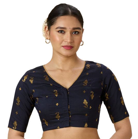 Women's Navy Blue Handloom Cotton Silk Readymade Saree Blouse (Design 2974)