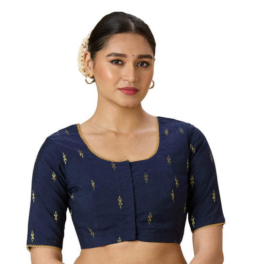 Women's Navy Blue Handloom Cotton Silk Readymade Saree Blouse (Design 2975)