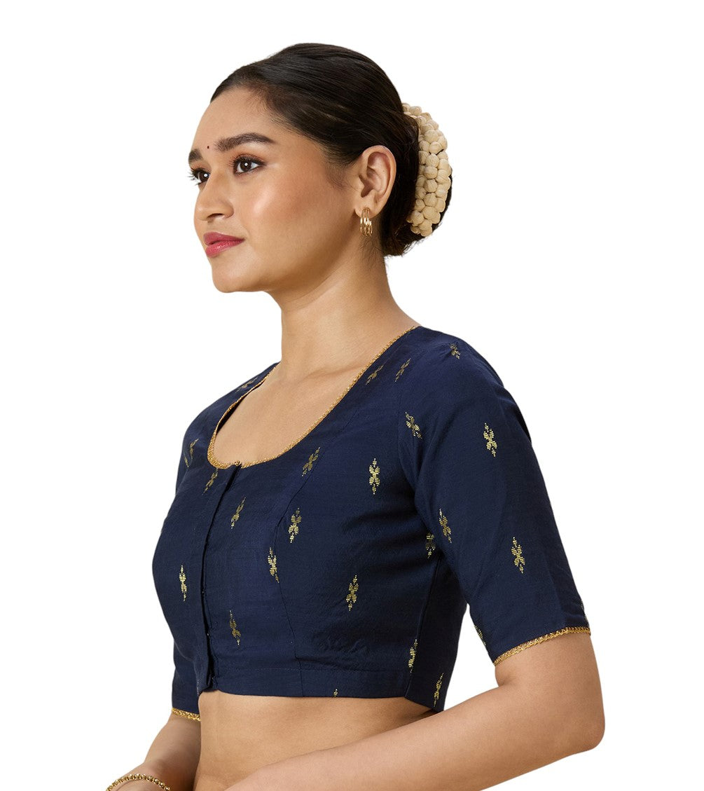 Women's Navy Blue Handloom Cotton Silk Readymade Saree Blouse (Design 2975)