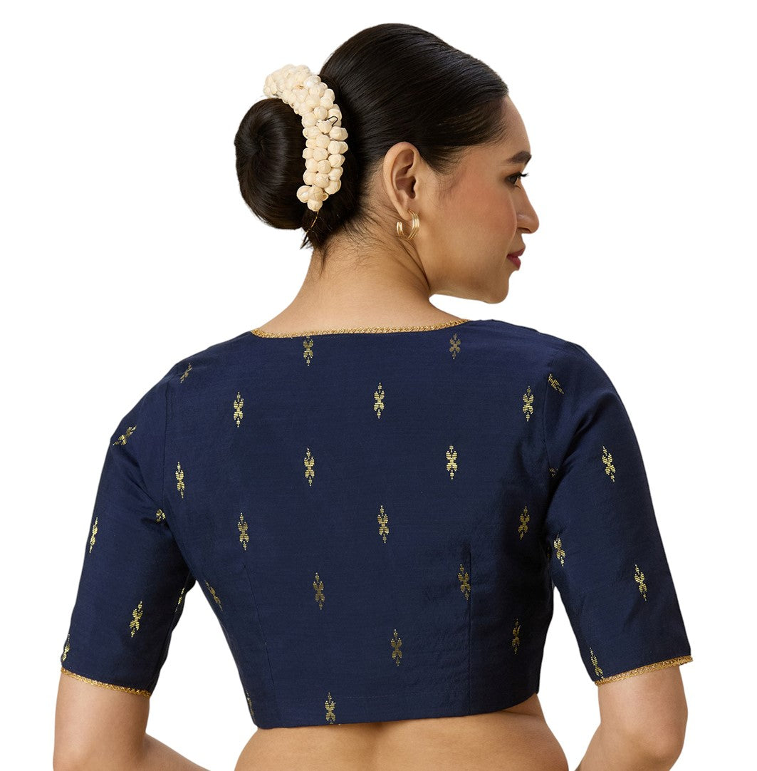 Women's Navy Blue Handloom Cotton Silk Readymade Saree Blouse (Design 2975)