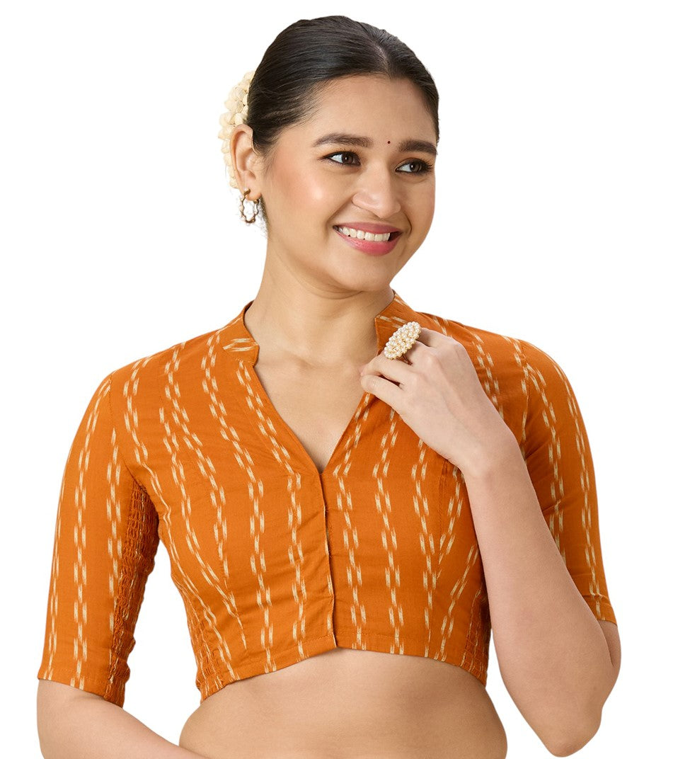 Women's Mustard Cotton Ikat Saree Blouse (Design 2976)
