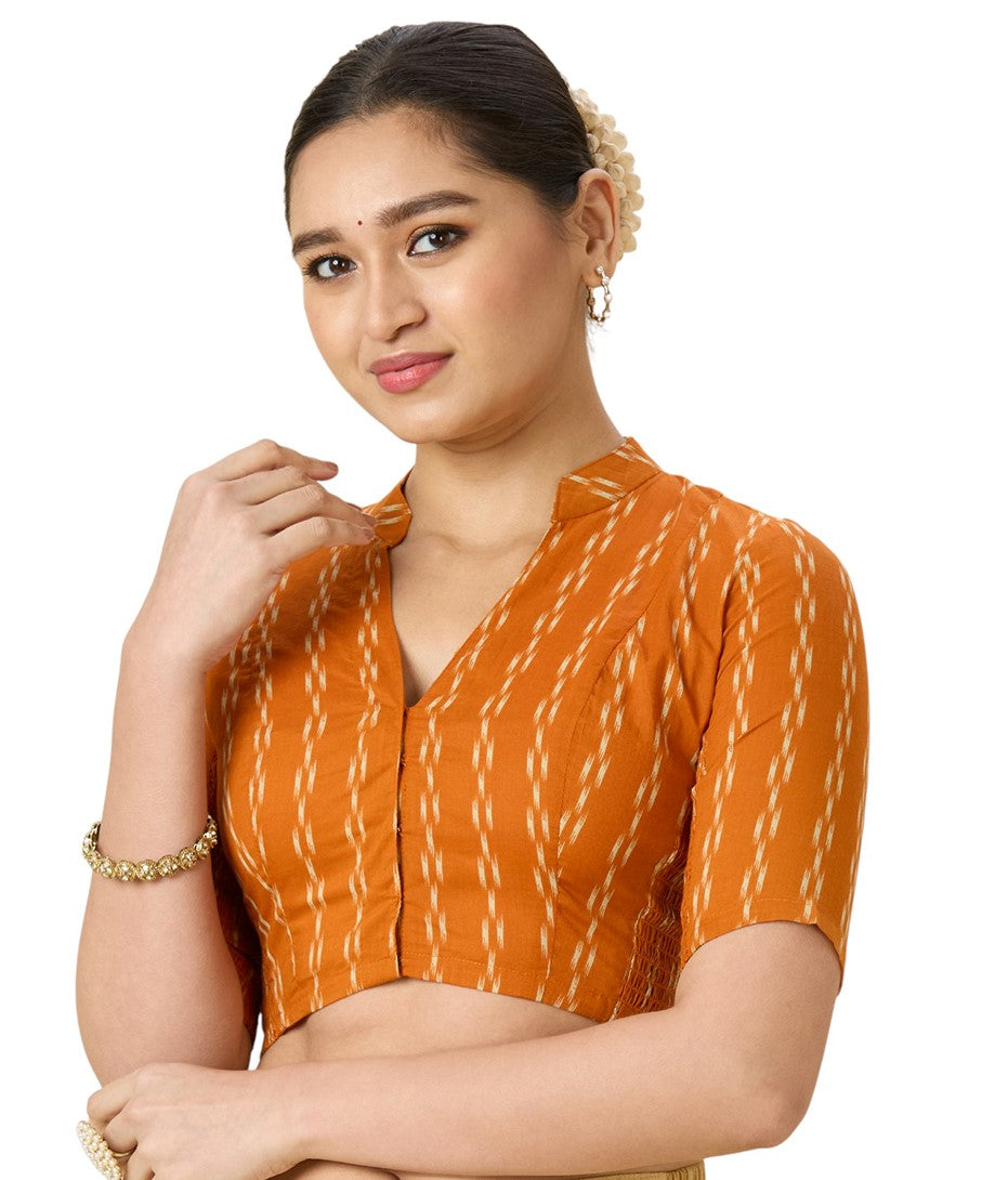 Women's Mustard Cotton Ikat Saree Blouse (Design 2976)