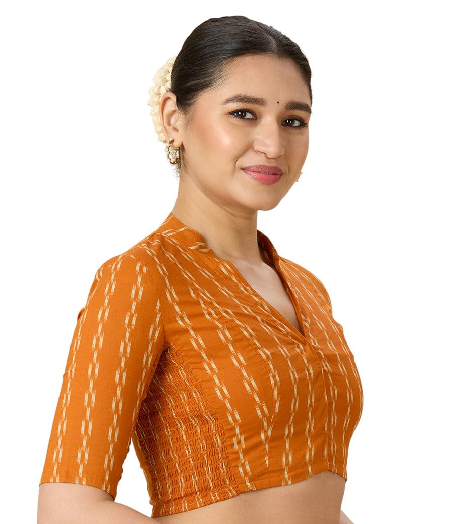 Women's Mustard Cotton Ikat Saree Blouse (Design 2976)