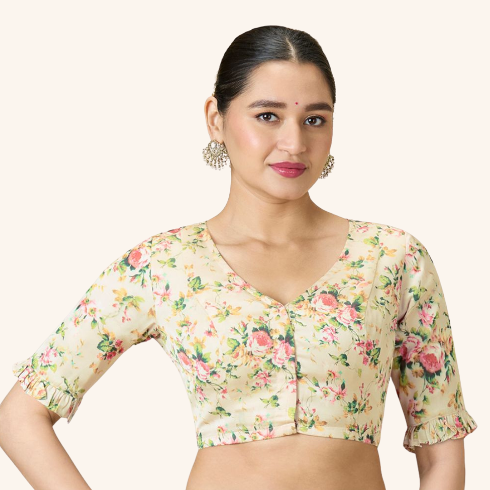 Studio Shringaar Women's Light Pink Soft Viscose Modal Satin Floral Printed Readymade Saree Blouse (Design 2981)