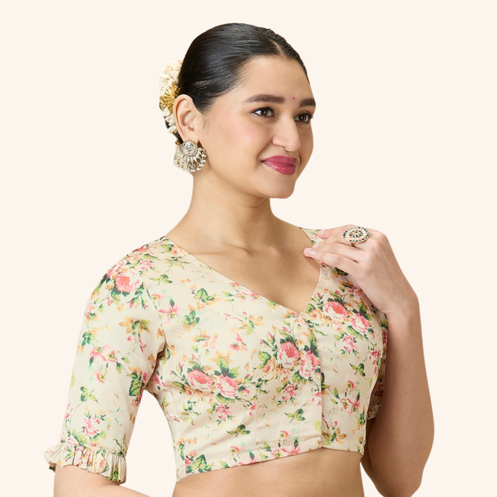 Studio Shringaar Women's Light Pink Soft Viscose Modal Satin Floral Printed Readymade Saree Blouse (Design 2981)