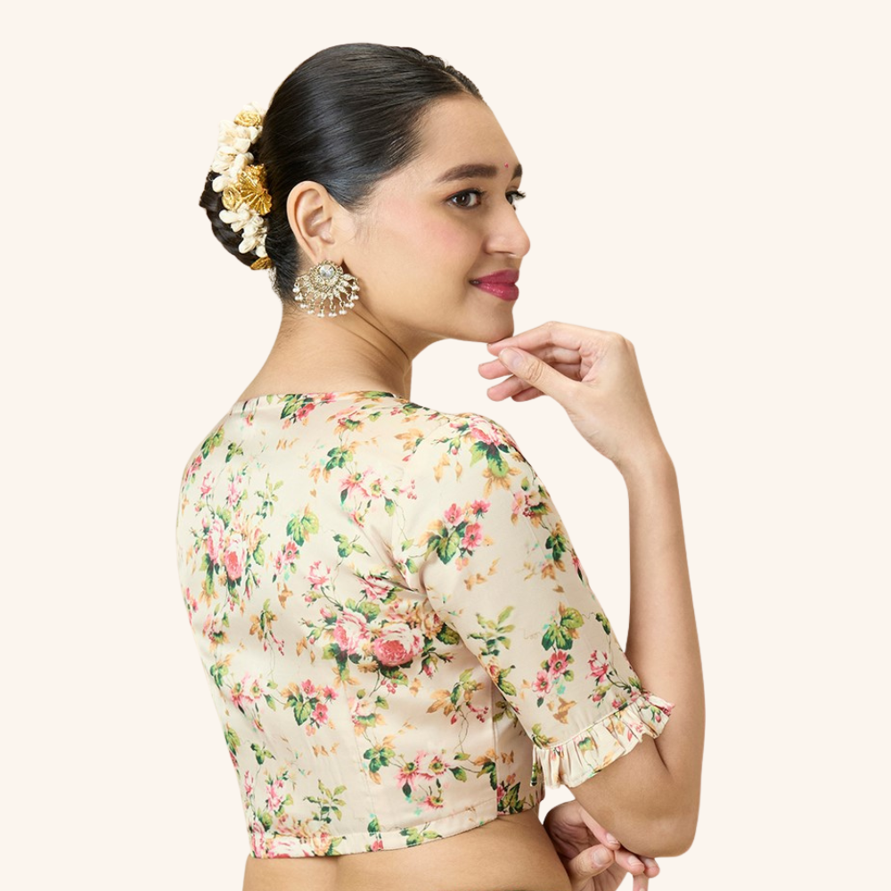 Studio Shringaar Women's Light Pink Soft Viscose Modal Satin Floral Printed Readymade Saree Blouse (Design 2981)