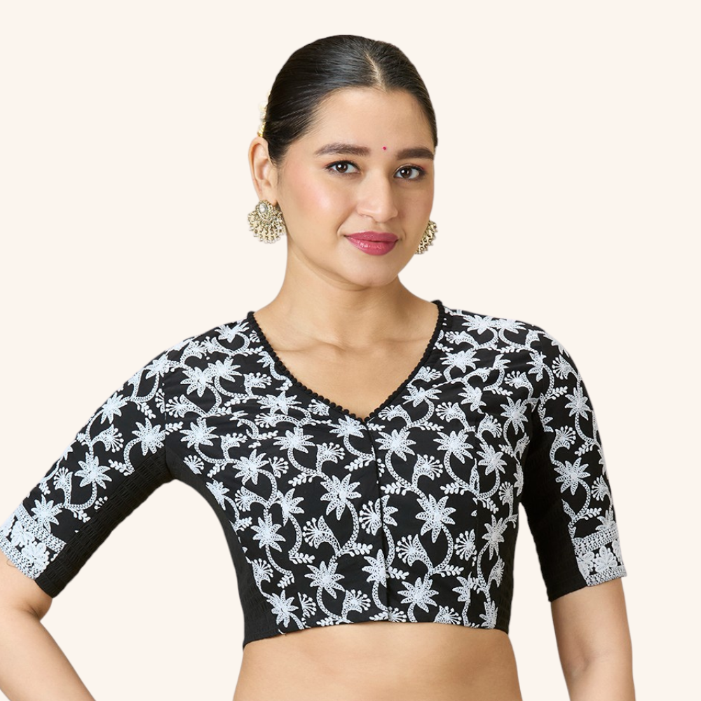 Studio Shringaar Women's Black Cotton Chikankari Side Stretch ( Smocked ) Readymade Saree Blouse (Design 2982)