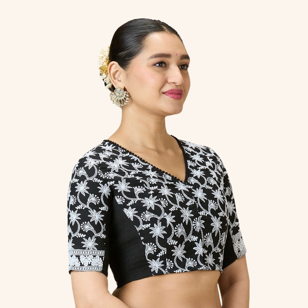 Studio Shringaar Women's Black Cotton Chikankari Side Stretch ( Smocked ) Readymade Saree Blouse (Design 2982)