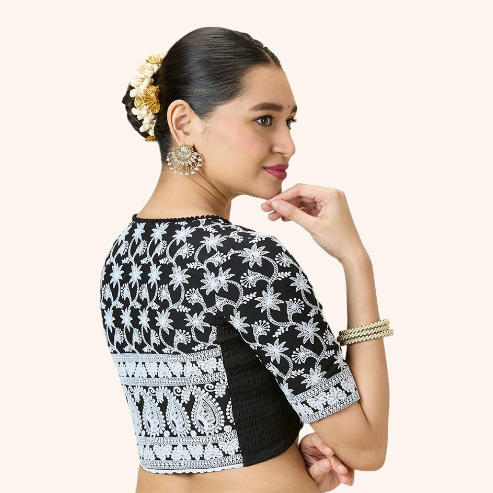 Studio Shringaar Women's Black Cotton Chikankari Side Stretch ( Smocked ) Readymade Saree Blouse (Design 2982)