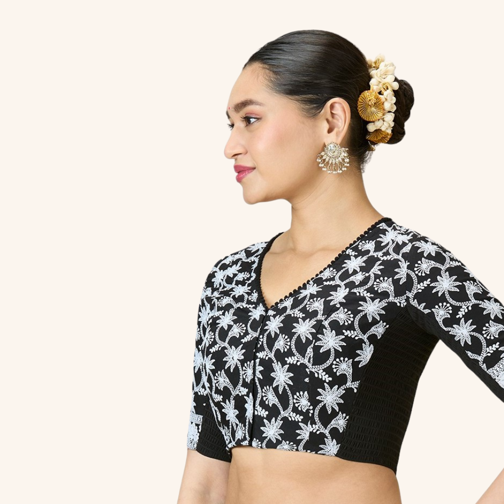 Studio Shringaar Women's Black Cotton Chikankari Side Stretch ( Smocked ) Readymade Saree Blouse (Design 2982)