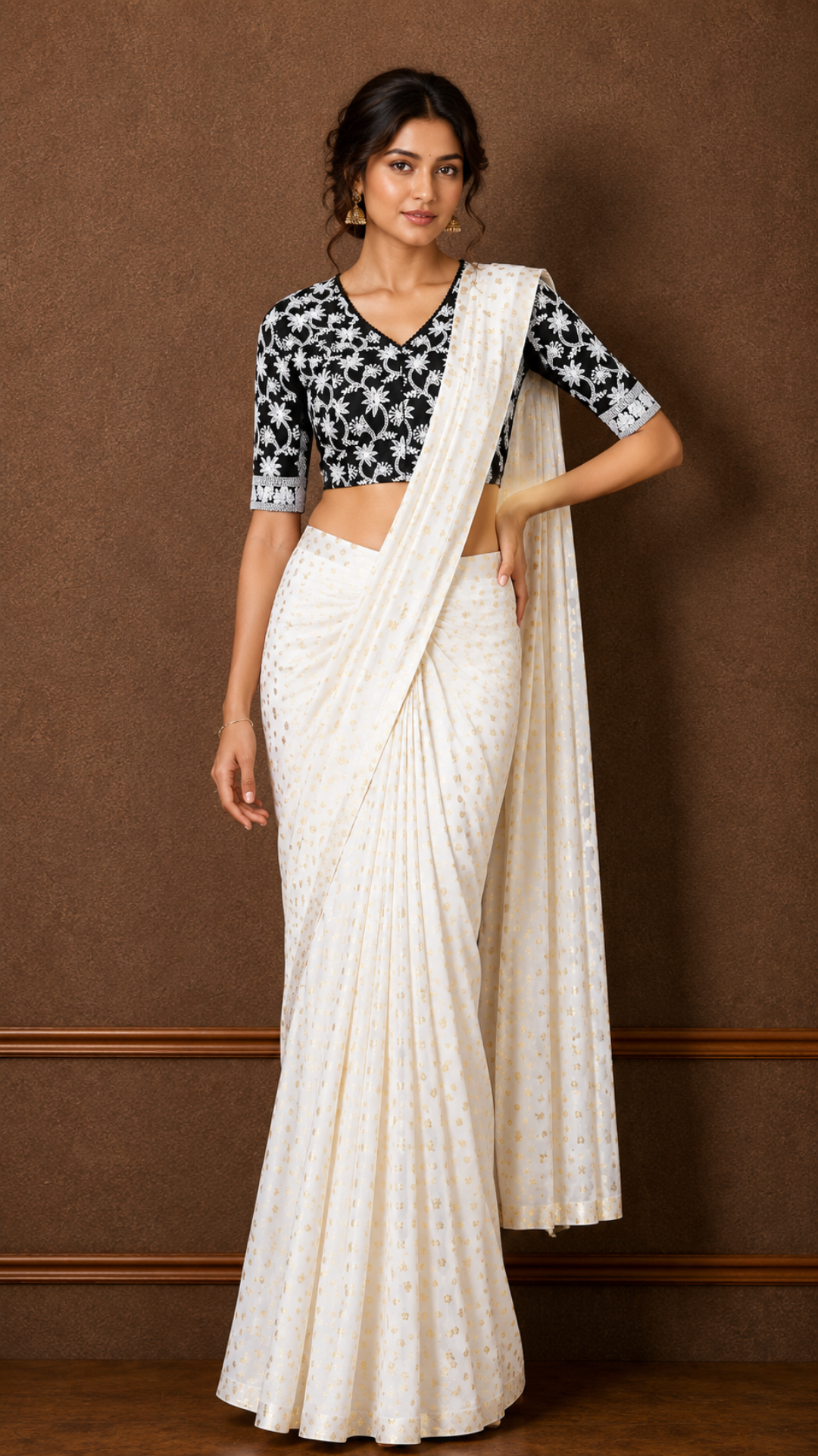 Studio Shringaar Women's Black Cotton Chikankari Side Stretch ( Smocked ) Readymade Saree Blouse (Design 2982)