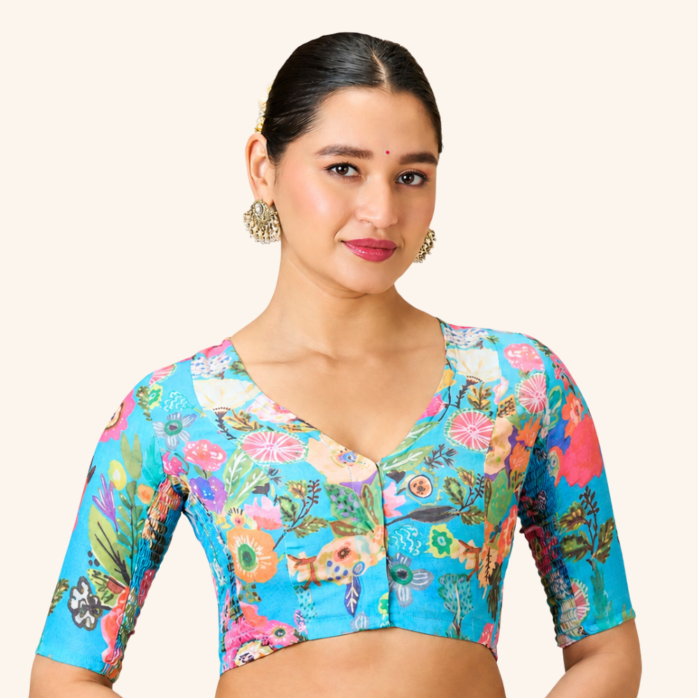 Studio Shringaar Women's Blue Cotton Fresh Floral Printed Side Stretch ( Smocked ) Readymade Saree Blouse (Design 2984)