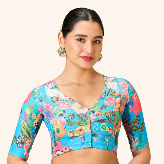 Studio Shringaar Women's Blue Cotton Fresh Floral Printed Side Stretch ( Smocked ) Readymade Saree Blouse (Design 2984)