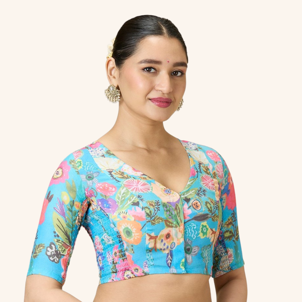 Studio Shringaar Women's Blue Cotton Fresh Floral Printed Side Stretch ( Smocked ) Readymade Saree Blouse (Design 2984)