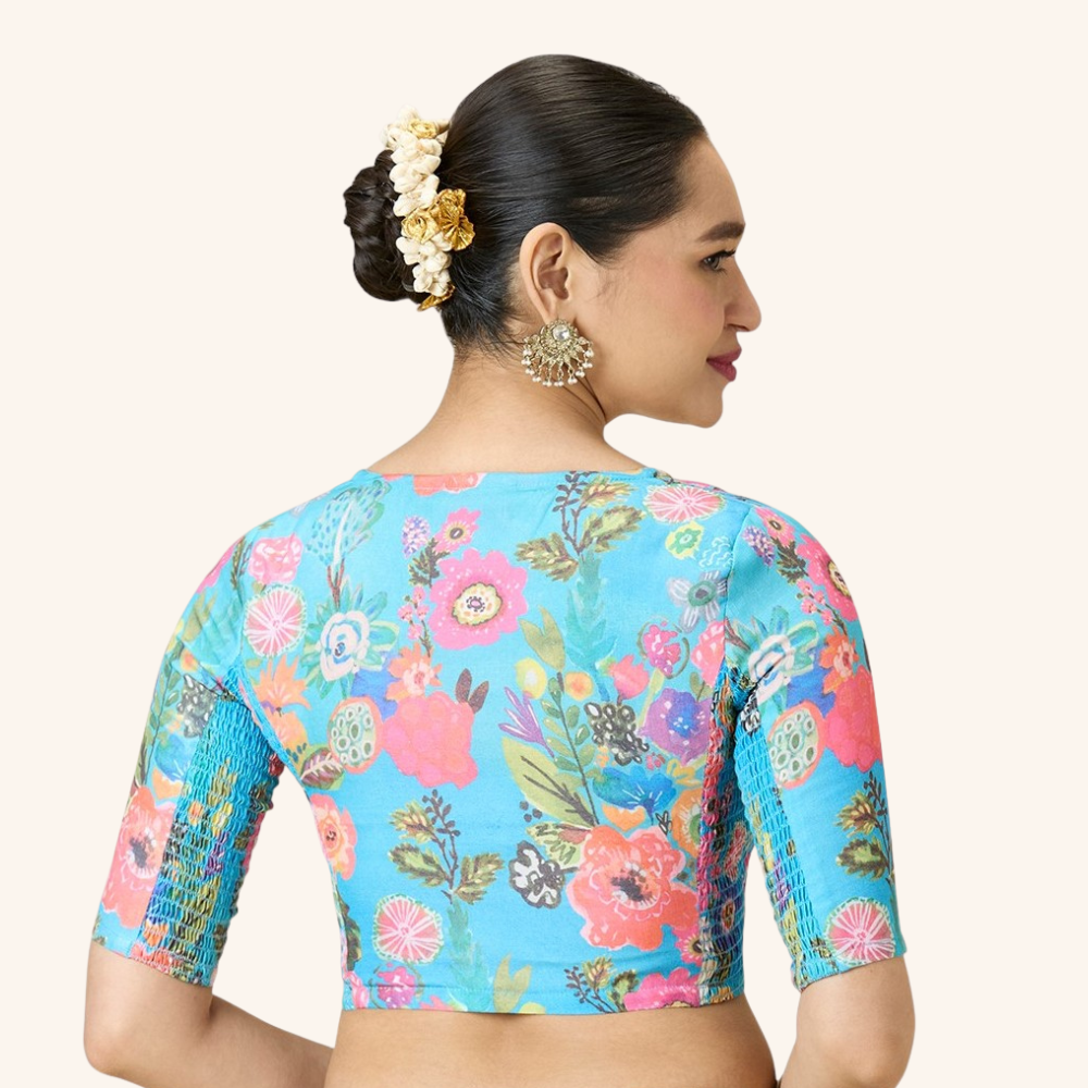 Studio Shringaar Women's Blue Cotton Fresh Floral Printed Side Stretch ( Smocked ) Readymade Saree Blouse (Design 2984)