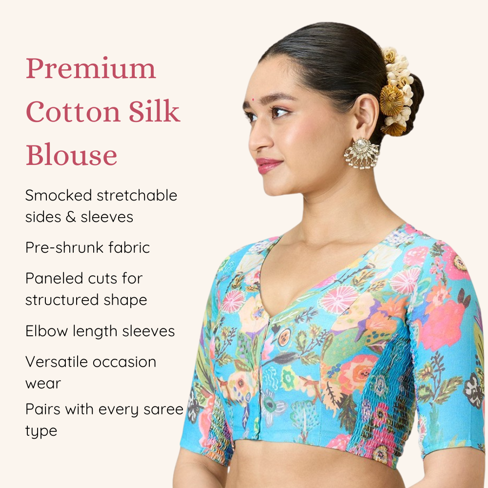 Studio Shringaar Women's Blue Cotton Fresh Floral Printed Side Stretch ( Smocked ) Readymade Saree Blouse (Design 2984)