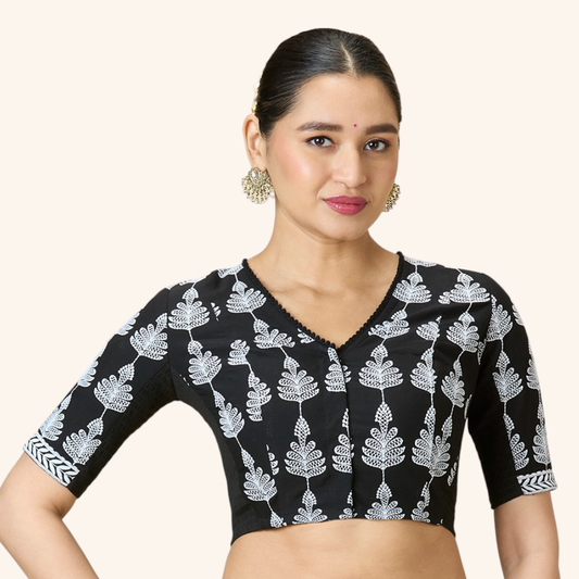 Studio Shringaar Women's Black Cotton Floral Chikankari Side Stretch ( Smocked ) Readymade Saree Blouse(Design 2986)