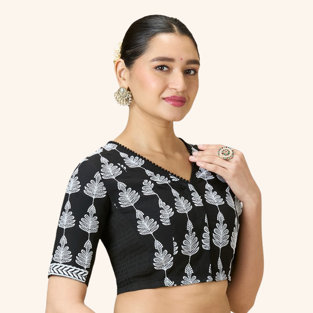 Studio Shringaar Women's Black Cotton Floral Chikankari Side Stretch ( Smocked ) Readymade Saree Blouse(Design 2986)