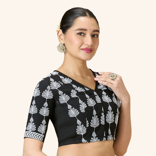 Studio Shringaar Women's Black Cotton Floral Chikankari Side Stretch ( Smocked ) Readymade Saree Blouse(Design 2986)