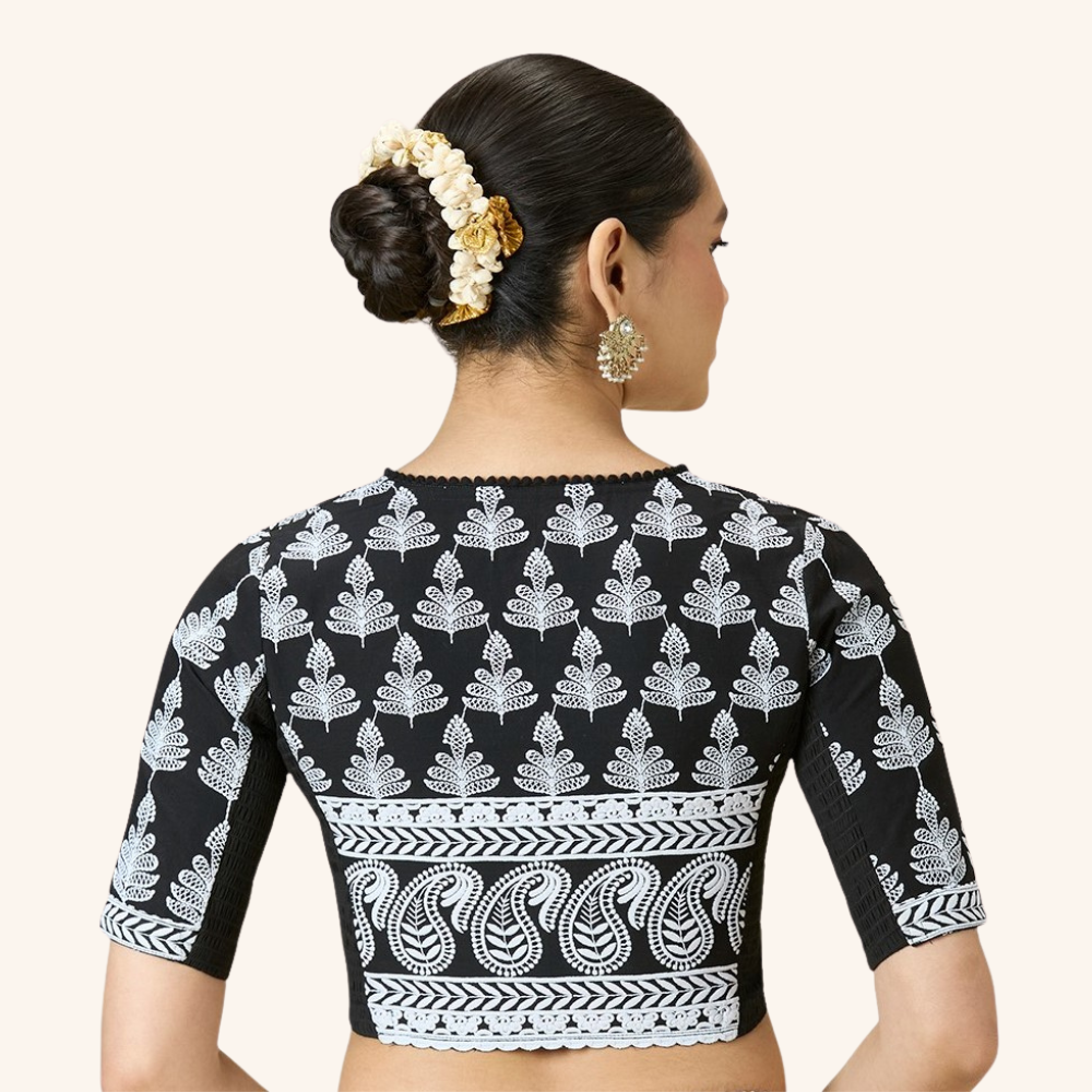 Studio Shringaar Women's Black Cotton Floral Chikankari Side Stretch ( Smocked ) Readymade Saree Blouse(Design 2986)