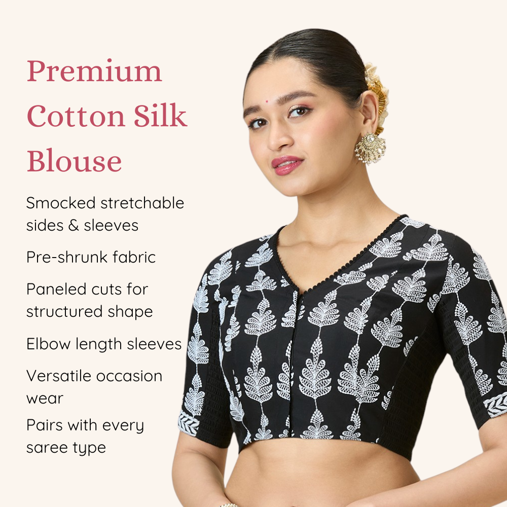 Studio Shringaar Women's Black Cotton Floral Chikankari Side Stretch ( Smocked ) Readymade Saree Blouse(Design 2986)