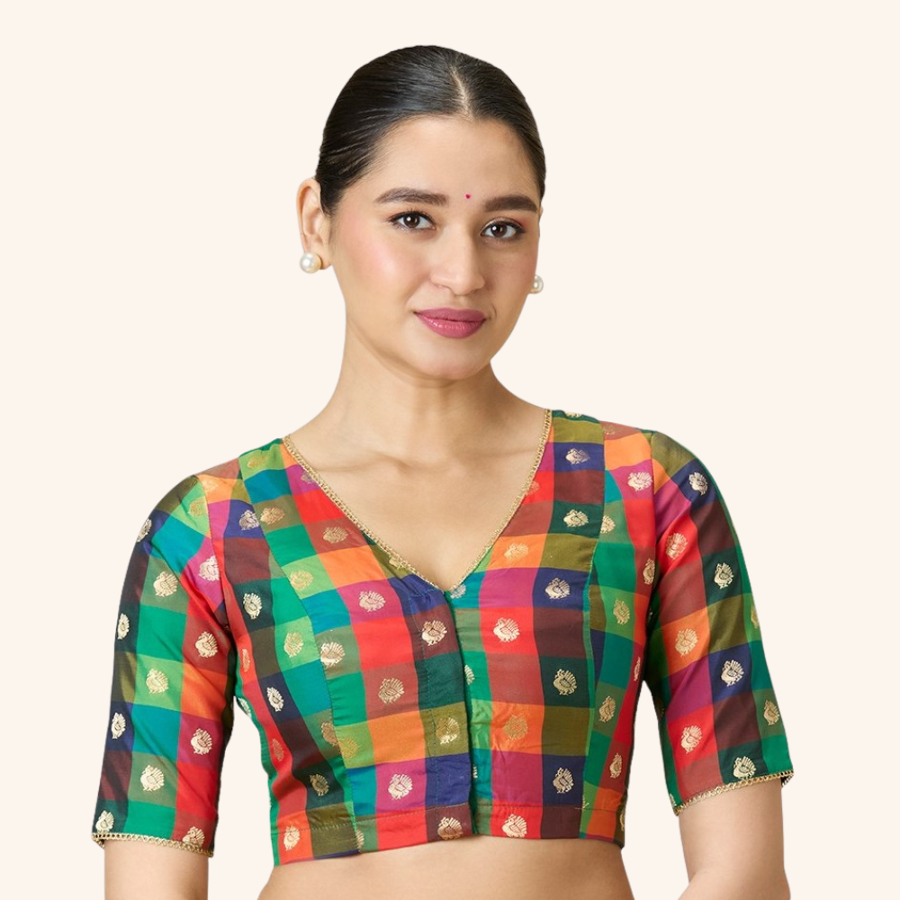 Studio Shringaar Multi-coloured Traditional Art Silk Checkered 'V' Neck Saree Blouse With Peacock Motifs (Design 2992)