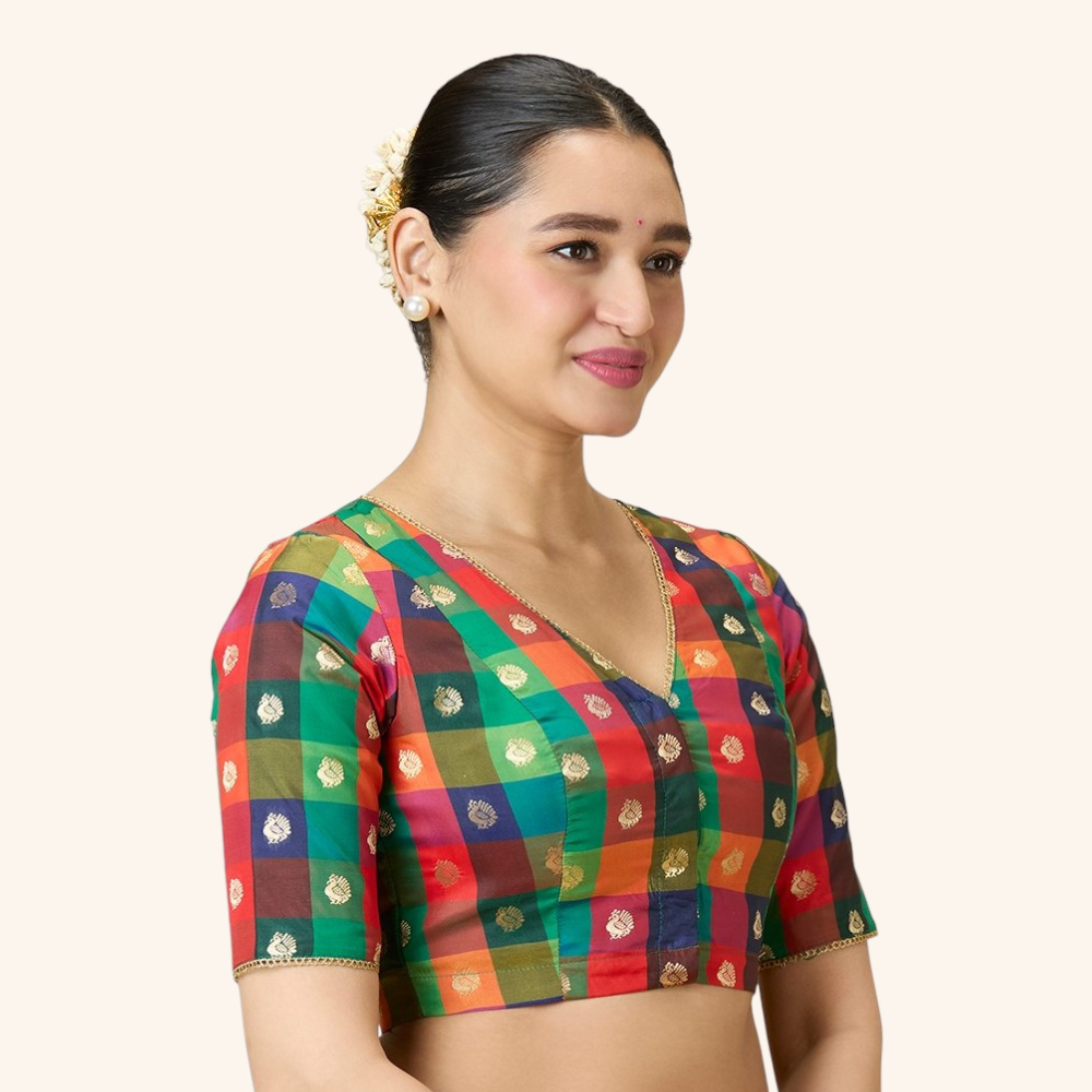 Studio Shringaar Multi-coloured Traditional Art Silk Checkered 'V' Neck Saree Blouse With Peacock Motifs (Design 2992)
