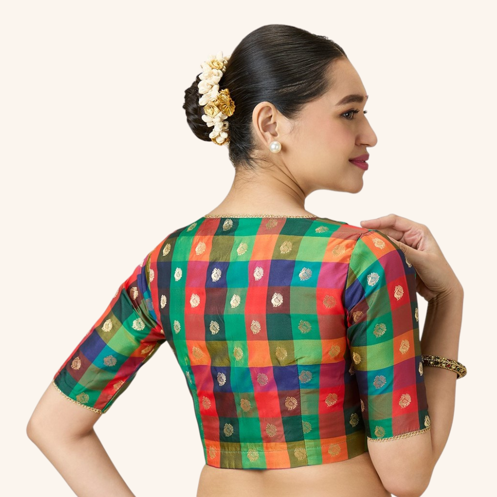 Studio Shringaar Multi-coloured Traditional Art Silk Checkered 'V' Neck Saree Blouse With Peacock Motifs (Design 2992)