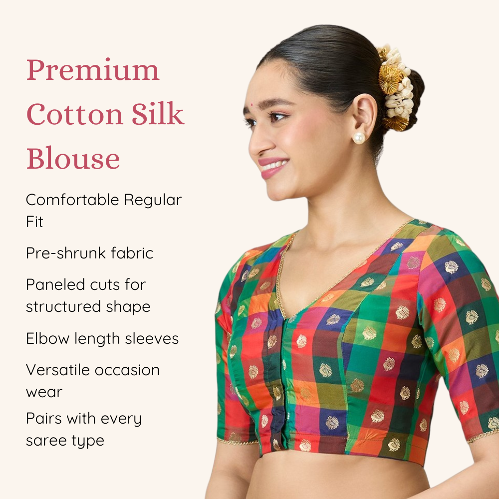 Studio Shringaar Multi-coloured Traditional Art Silk Checkered 'V' Neck Saree Blouse With Peacock Motifs (Design 2992)