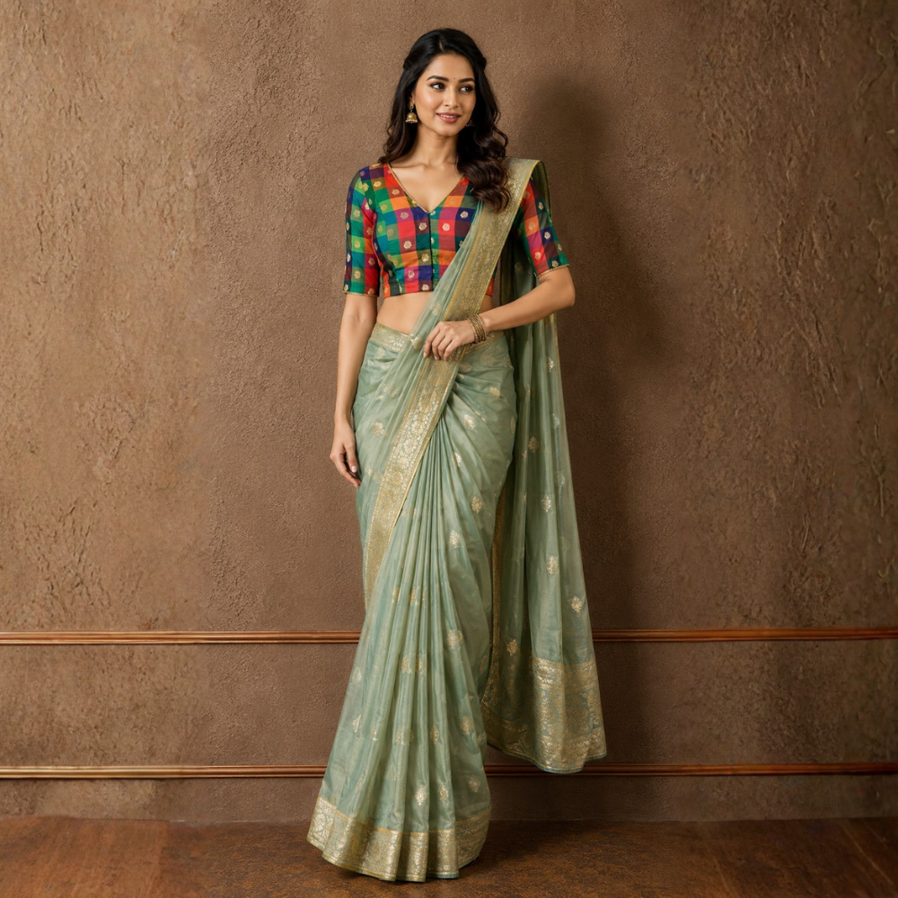 Studio Shringaar Multi-coloured Traditional Art Silk Checkered 'V' Neck Saree Blouse With Peacock Motifs (Design 2992)