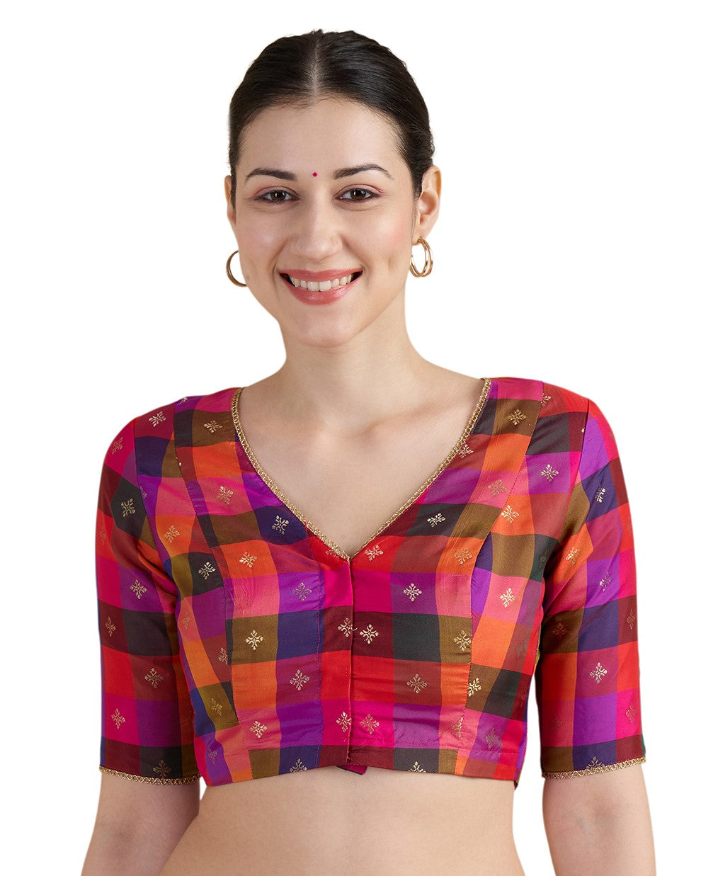 Studio Shringaar Multi-coloured Traditional Art Silk Checkered 'V' Neck Saree Blouse With Peacock Motifs (Design 2992) (Pink)